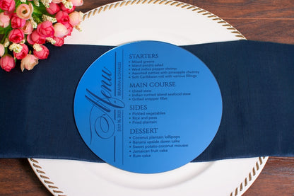 Mirror Acrylic Round Wedding Menu, 7" Wide. Gold Mirror Acrylic Menu. Personalized Wedding Engraved Mirror Menu